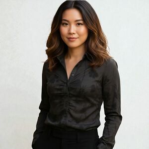 Backyard Roses Black Floral Button Down Blouse Long Sleeve Collared Top Size XS